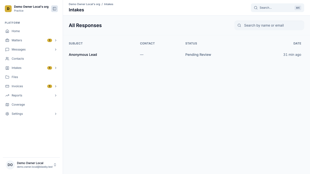 Intake detail page annotated with ① case summary, ② Pending Review status, ③ custom Form Details fields, and ④ Accept/Reject decision buttons.