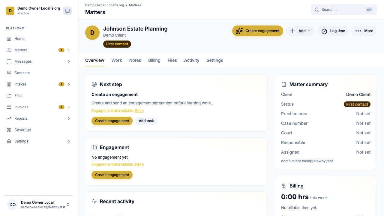 Matter detail page with the unified view annotated ①–⑦: Overview, Work, Notes, Billing, Files, Activity, Settings.