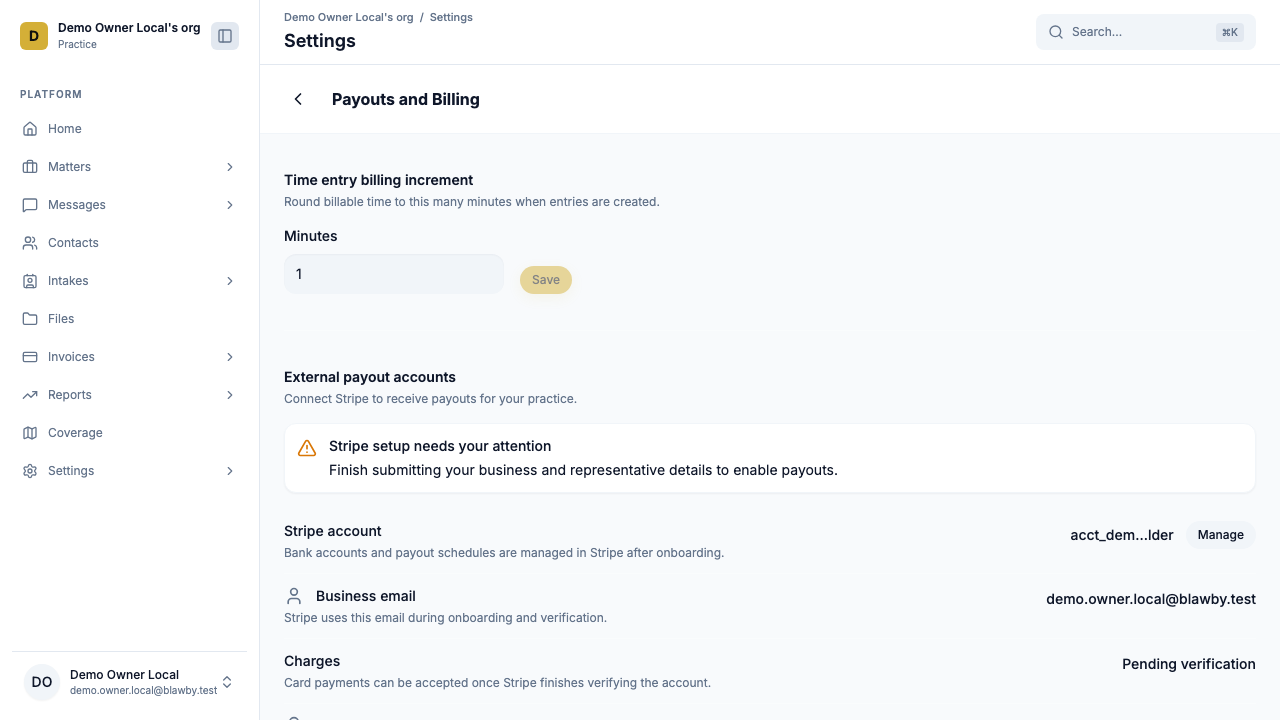 Payouts and Billing settings showing Stripe connected and ready, with Charges and Payouts both enabled.